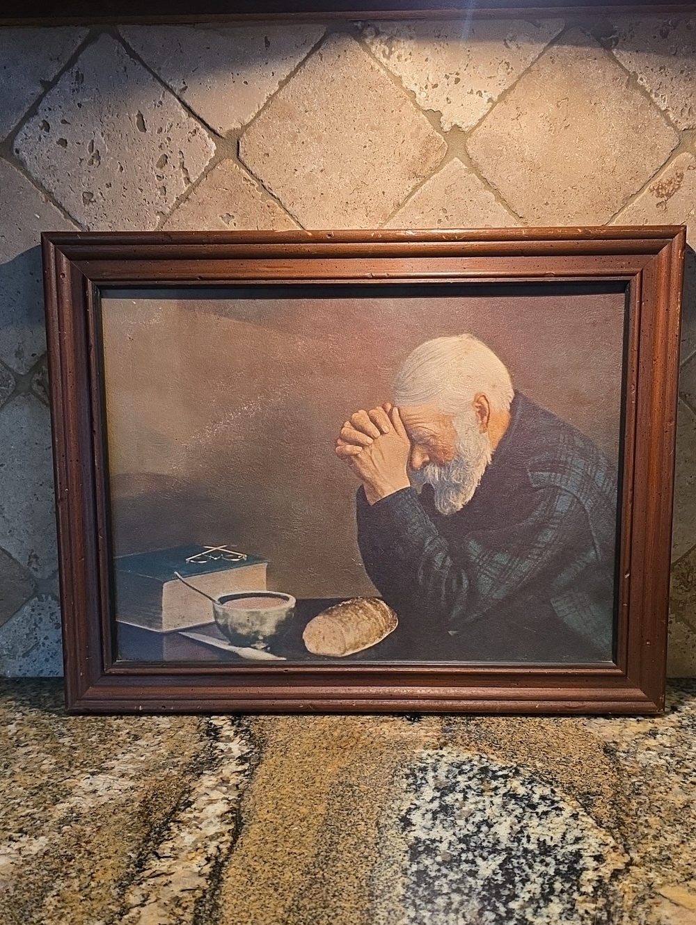 Vintage Picture Grace Man Praying Over Meal Framed 16" X 12"